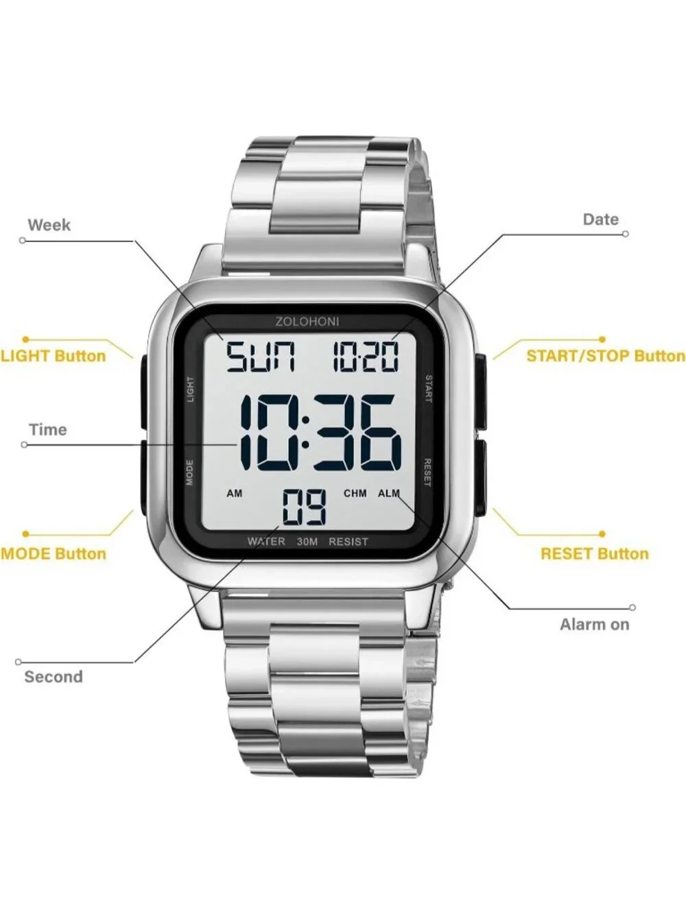 Men's Silver Analog Quartz Stainless Steel Waterproof Square LED Digital Watch